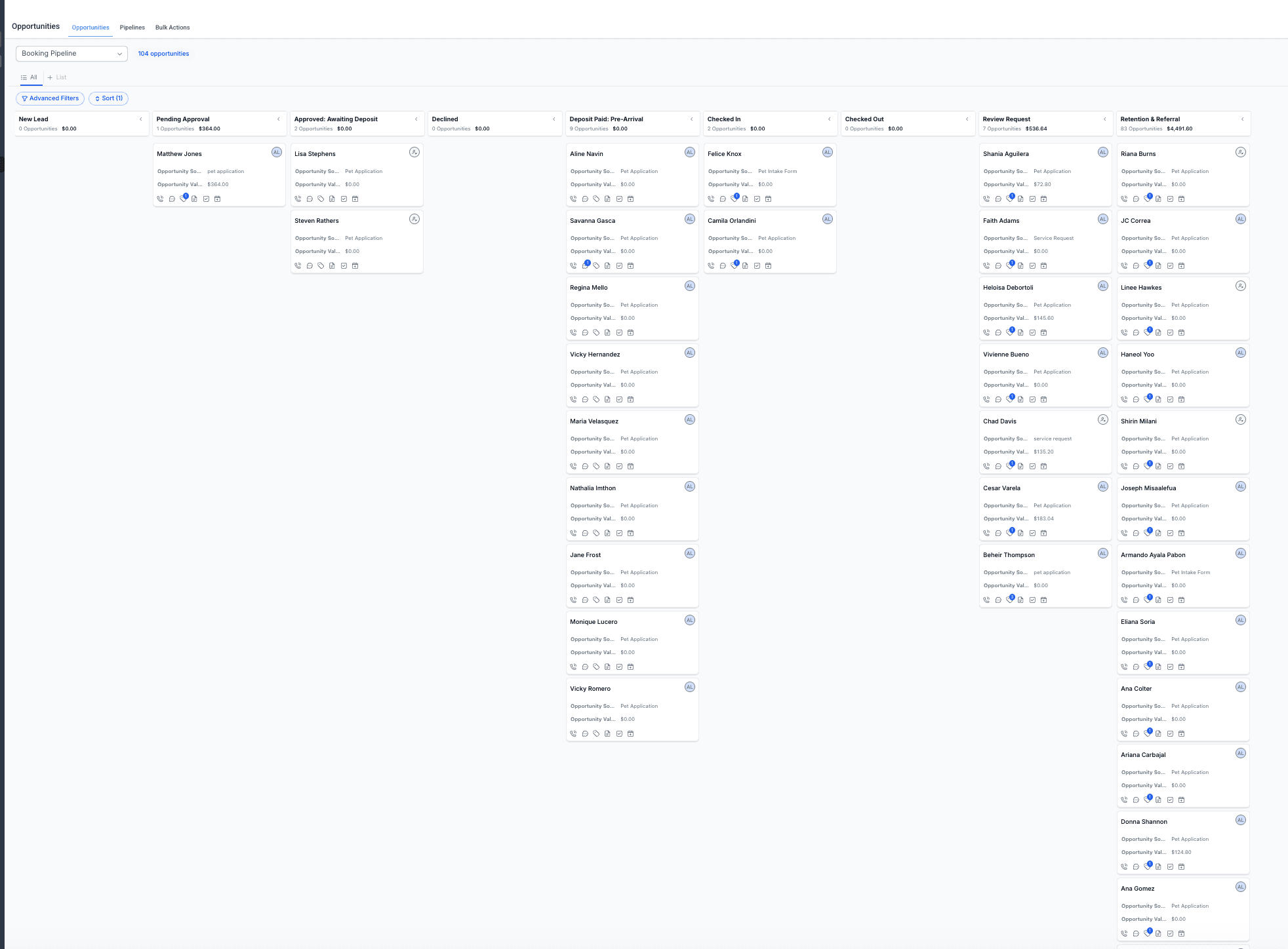 GoHighLevel booking pipeline built for Disco Pets — 104 opportunities across stages from new lead to retention and referral